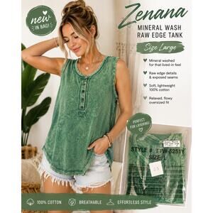 Zenana Mineral Wash Raw Edge Sleeveless Tank Top Green Large NIB
